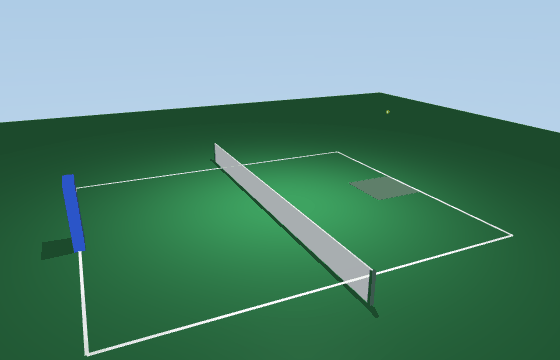 RL tennis demo: a paddle agent slides, swings, and returns serves over the net