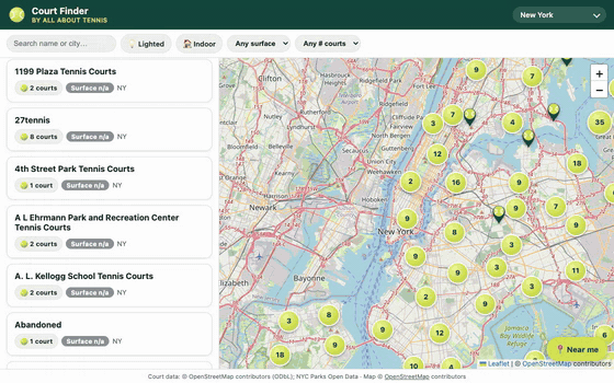 Court Finder demo: locating nearby public tennis courts in NYC, searching Central Park, and opening a facility's details