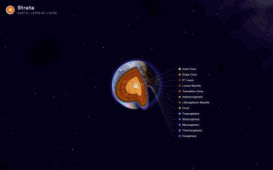 Strata demo: a cutaway Earth opens to show its layers, an earthquake sends seismic waves through the interior, the view switches to temperature, and the outer layers peel away to the core